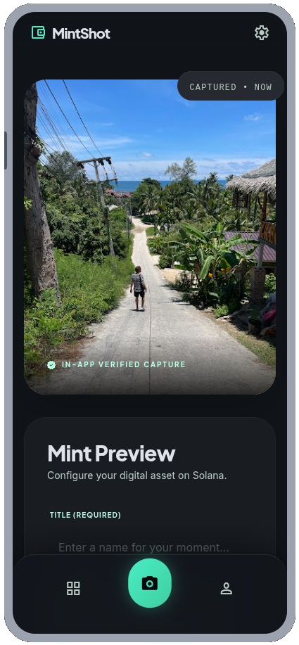 MintShot preview screen for naming and preparing an NFT.