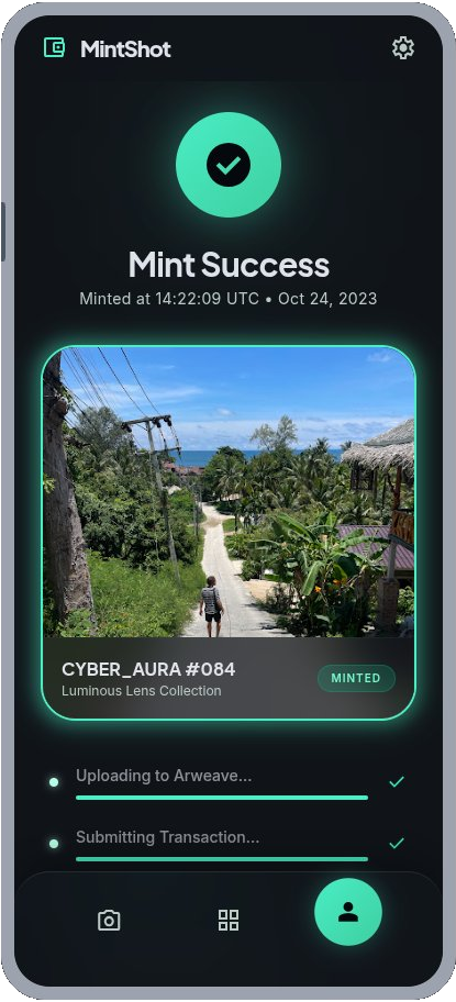 MintShot mint confirmation for a verified cNFT on Solana.