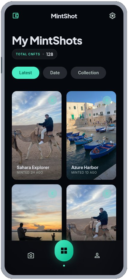 MintShot gallery screen with an on-chain NFT collection.